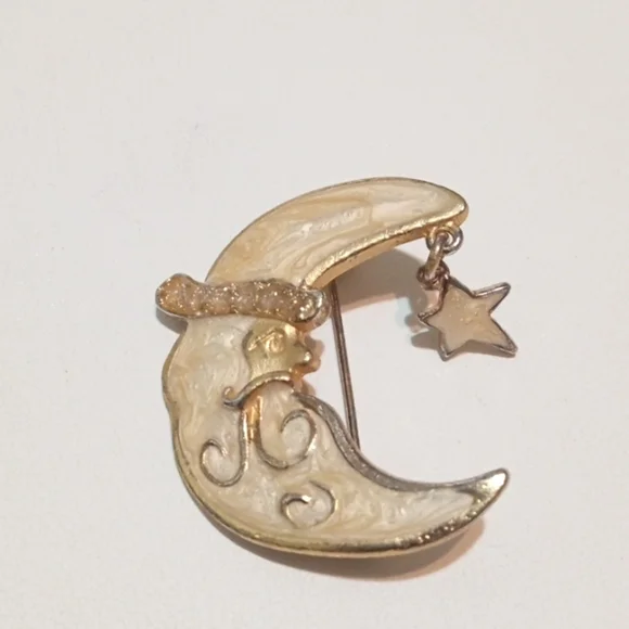 Crescent Moon Brooch With Dangling Star Enameled Vintage Man In The Moon - Picture 2 of 5